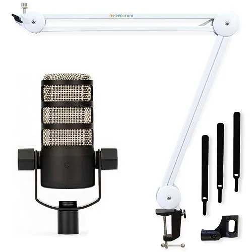 RØDE Podmic Podcast-Mikrofon mit Mikrofonarm Weiss - Professionelles Podcast-Mikrofon mit dynamischer Nierenkapsel, optimiert für Sprachaufnahmen. Inklusive flexibler Mikrofonarm für einfache Positionierung und perfekte Isolierung von Störgeräuschen.