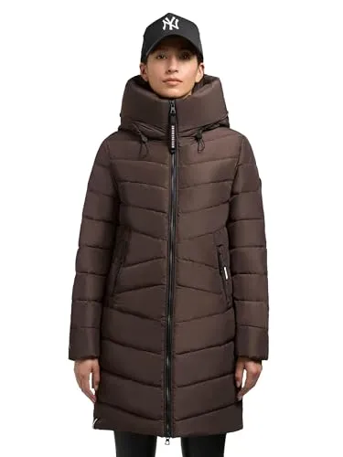 KHUJO Pluz-YM Steppmantel, Damen, Gr. M, dunkelbraun - Funktionsjacken: Warmer, taillierter Wintermantel mit wasserabweisendem Material und verstellbarer Kapuze für optimalen Schutz an kalten Tagen.