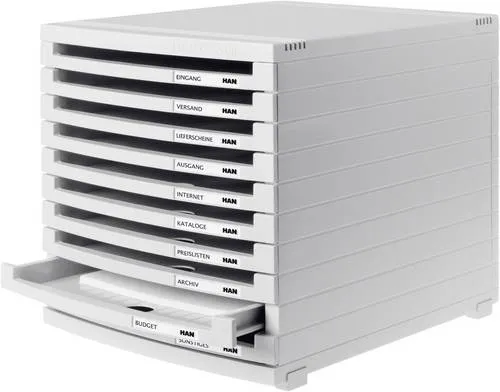 HAN CONTUR 1510-0-11 Schubladenbox Lichtgrau - Praktische Schubladenbox für DIN A4/B4/C4 Formate mit 10 stabilen Schubladen, ideal für eine übersichtliche Organisation im Büro. Made in Germany, mit innovativer Steckverbindung für flexible Erweiterungen.