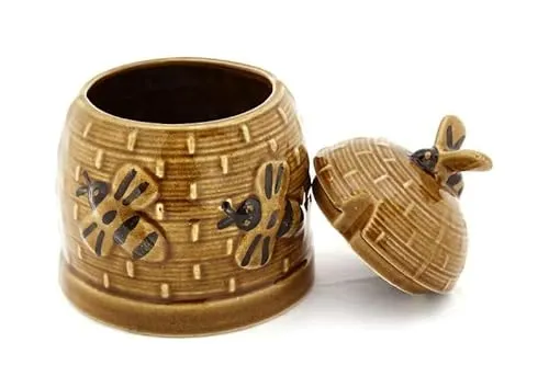 4Bee Pszczeli Sklep Honigtopf aus Keramik mit Bienen 15 cm – Brauner Honigbehälter mit Deckel in Bienenform