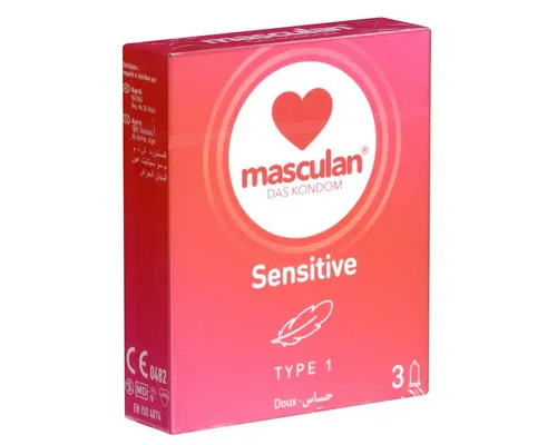 Masculan Kondome Typ 1 (sensitive) Packung mit, 3 St., gefühlsechte Qualitätskondome für intensive Nähe, zarte rosa Kondome für sinnliche Momente