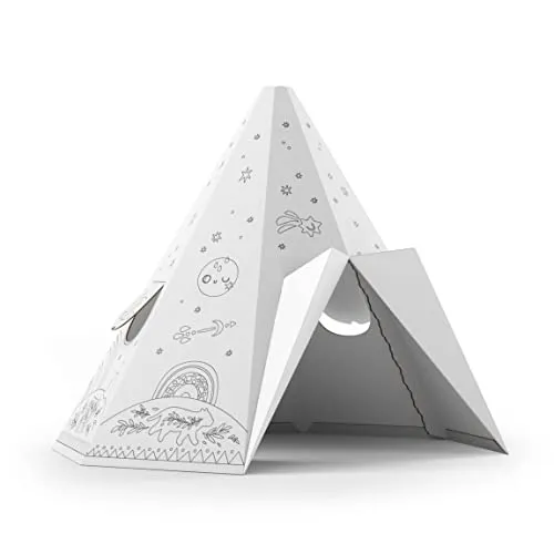 FOLDZILLA Spielhaus XXL 1,32 x 1,22 x 1,55 m aus Pappe Pappspielhaus Karton Haus - Tipi Sternenhimmel zum Ausmalen