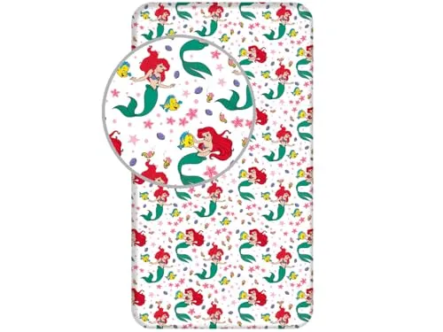 Jerry Fabrics Spannbettlaken für Einzelbett, Ariel Friends, Bettwäsche aus 100 % Baumwolle, bequem und atmungsaktiv, niedliches Disney-Prinzessinnenmotiv Arielle