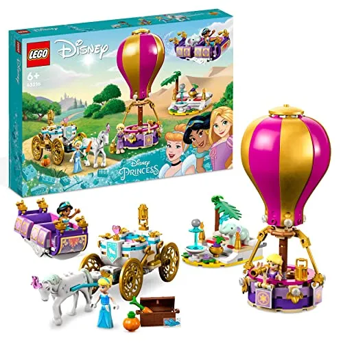 LEGO 43216 Disney Prinzessinnen auf magischer Reise - Bauspielzeugset mit 3 baubaren Reisemöglichkeiten und Mini-Puppen von Cinderella, Jasmin und Rapunzel, ideal für kreatives Spiel und Fantasie.