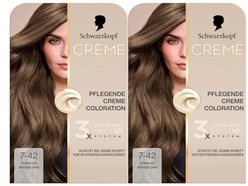 Schwarzkopf Creme Supreme Coloration 7-42 Dunkles Beigeblond (2x182 ml), dauerhafte Haarfarbe mit Serum und Haar-Maske schützt vor sichtbaren Haarschäden, für 100% Grauabdeckung