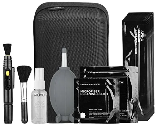 Movo DSLR Kamera Reinigungs-Kit mit 10 APS-C Sensor Bürsten, Sensor Reinigungsflüssigkeit, Rocket Luftpuster, Linsenstift, weicher Bürste, 2X kleinen & 2X großen Microfiber Tüchern & Tragetasche