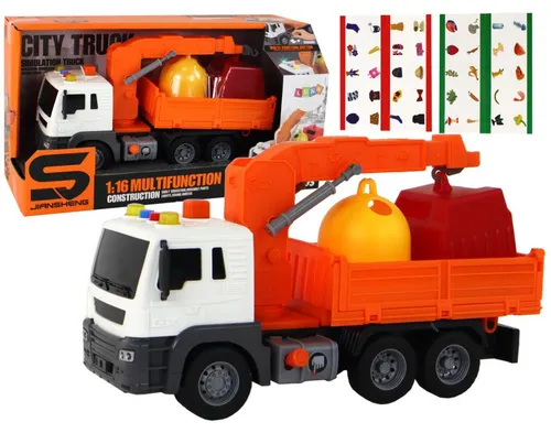 Leantoys Müllwagen mit Kran Friktionsantrieb Orange 1:16