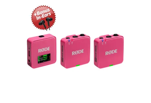 Rode Wireless GO 3 Funkmikrofonsystem mit In-Ear Kopfhörern - Pink - Kompaktes Funkmikrofonsystem für Videos, Podcasts und Interviews. Mit zwei Sendemodulen für separate Aufnahmen und intelligenter GainAssist Technologie für optimale Audioqualität. Inkl. Bonus In-Ear Kopfhörer.
