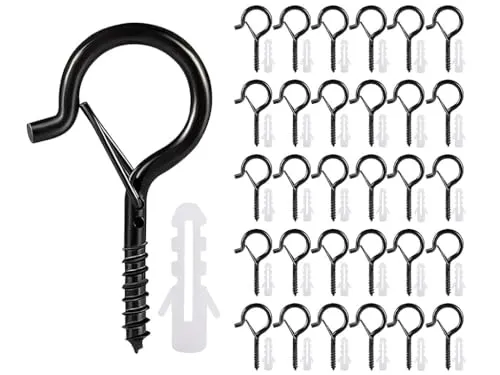 Hitopin 30 Stücke Schraubhaken, Hakenschrauben mit Schnapp-Sicherung, Weihnachtsbeleuchtung Haken, Edelstahl Deckenhaken, zum Aufhängen von Topfplanzen, Weihnachtsdekoration,Laternen (Schwarz)