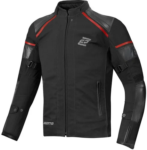 Bogotto Blizzard-X Motorrad Textiljacke XL, schwarz-rot - Robuste Motorradjacke aus Polyester mit Rindsleder an Schultern und Ärmeln, wasserdicht und ideal für jede Wetterlage.