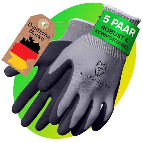 WOLFSFELLER Premium Arbeitshandschuhe Herren Gr 9 | 5 Paar Robuste & Komfortable Montage-Handschuhe Damen | Mit Langlebiger Nitril-Beschichtung