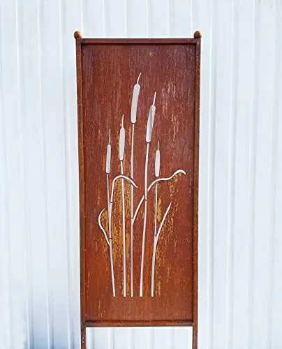 Edelrost Sichtschutz Schilf Motiv 162 cm x 53 cm Paravent zum Stecken Gartenstecker Edelrost Gartendeko Wetterfest Rost Metall Zaun Schilfrohr Rohrkolben