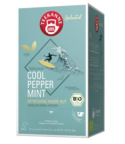 TEEKANNE Premium Pyramidenbeutel Cool Peppermint Bio Luxury Cup 30g – Erfrischender Bio-Pfefferminztee, Aromatisch & Klar, aus Kontrolliert Biologischem Anbau, Vegan, Nachhaltig