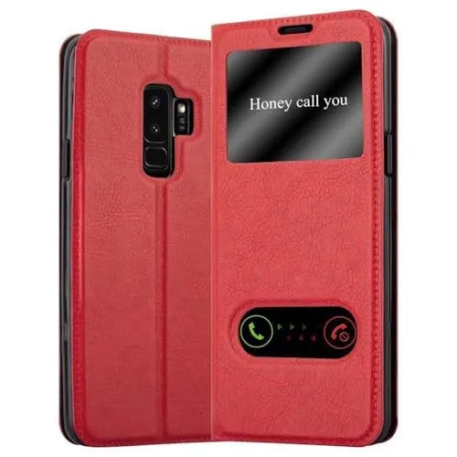 Cadorabo Hülle kompatibel mit Samsung Galaxy S9 Plus in Safran ROT - Schutzhülle mit Magnetverschluss, Standfunktion und 2 Sichtfenstern