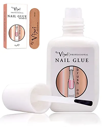 Produktbild 15g By Vixi EXTRA STARKER NAGELKLEBER mit BÜRSTE und GRATIS VORBEREITUNGSFEILE Klarer Sofort-Trockenkleber, professionelle Salonqualität