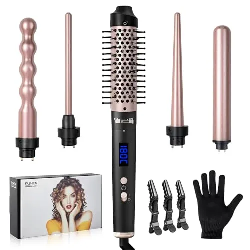 Carehabi Lockenstab 5 in 1 Set, 9-32mm Lockenstab mit Verschiedenen Aufsätzen für Große und Kleine Locken, 160-230°C Lockenwickler Kit mit Handschuhe & Haarspange