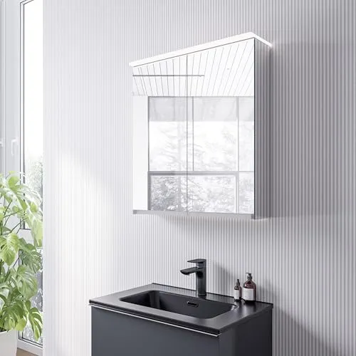 BERNSTEIN LED-Spiegelschrank VARO 60cm – Moderne Badezimmerbeleuchtung - Praktischer LED-Spiegelschrank mit Steckdose, Soft-Close-Funktion und getönten Glaseinlegeböden. Ideal für die Wandmontage und sorgt für stilvolle Akzente im Bad.