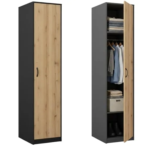 Moderner Kleiderschrank mit 1 Tür und 2 Regalen – Graphit Eiche - Der schmale Kleiderschrank mit 1 Tür und 2 Einlegeböden bietet stilvolle Aufbewahrungslösungen. Hergestellt aus robustem Material, überzeugt er durch sein elegantes mattes Finish und ist ideal für platzsparende Organisation.