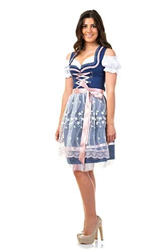 Dirndl Trachtenkleid Damen Sarah IN BLAU 3.TLG 36 - Elegantes Mini-Dirndl aus feiner Baumwolle mit bezaubernden Pünktchen und sexy Herz-Ausschnitt, ideal für festliche Anlässe und ein echter Hingucker!