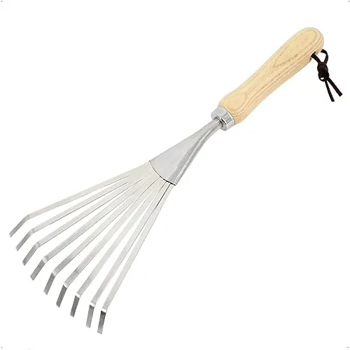 Rekord Kleinfeger (Edelstahl) mit Holzgriff und Aufhängeband Länge: 35 cm Arbeitsbreite: ca. 14 cm, Harke, Rechen, Fächenbesen, Kleinrechen, Laubrechen, Gartenharke
