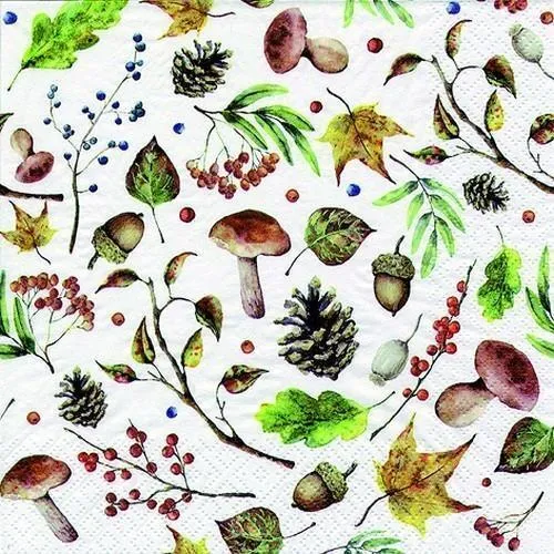 Servietten Herbst Pilze Beere Zapfen Blätter weiß Autumn Forest white 33x33cm 20