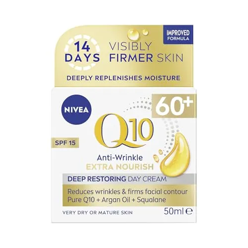 NIVEA Q10 Anti-Falten 60+ Extra pflegende Tagescreme LSF 15 (50 ml), feuchtigkeitsspendende Tagescreme zur Reduzierung feiner Linien und Falten, pflegende Hautpflege für reife Haut