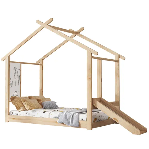 Hausbett mit Lattenrost, Tafel und Rutsche, 90x200cm, Kinderbett, Holzbett, Einzelbett, Spielbett, Kiefer