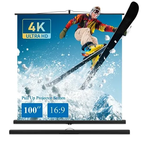 Beamer Leinwand mit Ständer, Projektor Leinwand 100 Zoll 16:9, Tragbar Projektion Leinwände, Ultrakurzdistanz-Projektion möglich, Hochziehbare, Kompaktes Design, Ideal für Heimkino, Innen-/Außenfilme.