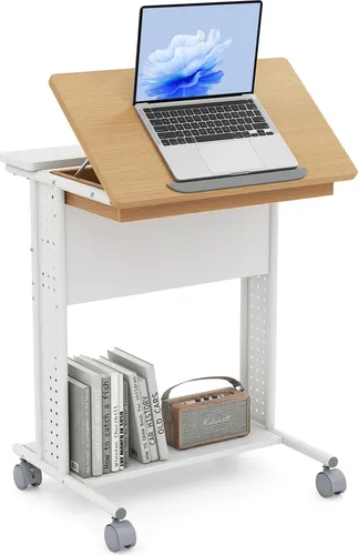 COSTWAY Schreibtisch, mobiler Computertisch mit Rollen, neigbarer Tischplatte, verstecktem Fach, Ablageregale & Lochwänden, PC-Tisch, 60x50x75 cm