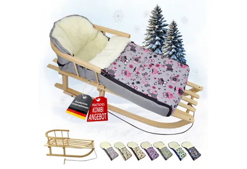 BAMBINIWELT KOMBI-ANGEBOT Holz-Schlitten mit Rückenlehne & Winterfußsack