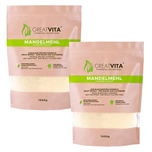 GreatVita Mandelmehl, naturbelassen, blanchiert, (2 x 1000g) gemahlene Mandeln