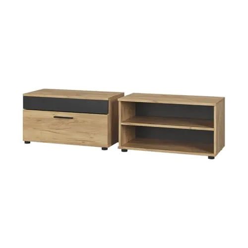 Vicco Wohnwand Berno, Goldkraft Eiche/Anthrazit - Moderne Wohnwand mit praktischem Stauraum, bestehend aus Schrank mit Klapptür und offener Kommode – ideal für ein aufgeräumtes Wohnzimmer.