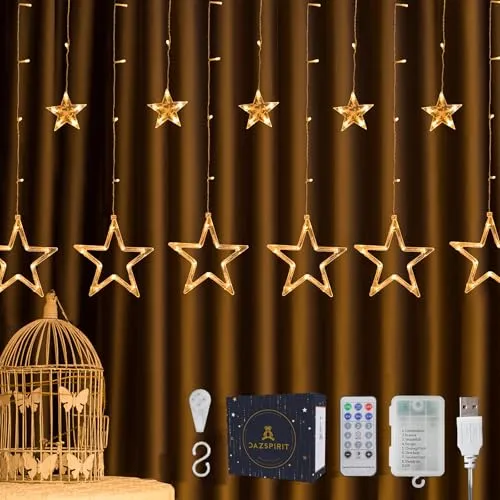 DazSpirit Lichtervorhang Weihnachten Sterne 3,5m, 138 LEDs mit 12 Sterne, Fernbedienung und 20 Haken, Weihnachtsbeleuchtung Innen Fenster, USB oder Batteriebetrieben, 8 Modi, Wasserdicht (Warmweiß)