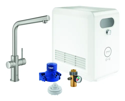 Grohe Blue Professional Starterkit Spültischarmatur - Supersteel, L-Auslauf - Armaturen mit integriertem Filtersystem für frisches, sprudelndes Wasser direkt aus der Armatur.