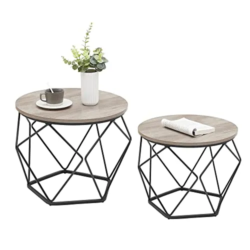 VASAGLE Couchtisch Set rund, Vintage-Design, abnehmbare Tischplatte - Praktisches 2er Set Couchtische im Vintage-Stil, ideal für kleine Räume. Stabil und einfach aufzubauen, bringen sie mit ihren runden Platten und dem geometrischen Gestell einen besonderen Akzent in Ihr Wohnzimmer.