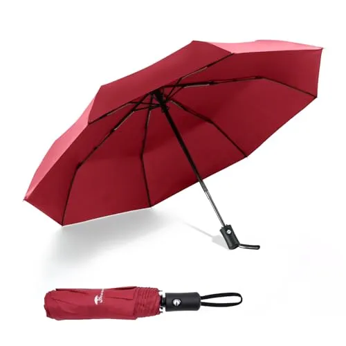 SY COMPACT Reise-Regenschirm, Automatikschirm, winddicht, leicht, unzerbrechlich, tolles Preis-Leistungs-Verhältnis, rot