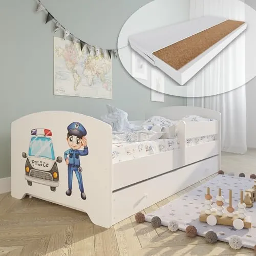 Kinderbett Polizei Motiv 80x160 cm mit Matratze & Schublade - Hochwertiges Kinderbett mit abnehmbarem Rausfallschutz und praktischer Schublade für Ordnung. Ideal für Kinder von 3 bis 10 Jahren, sicher und stabil.