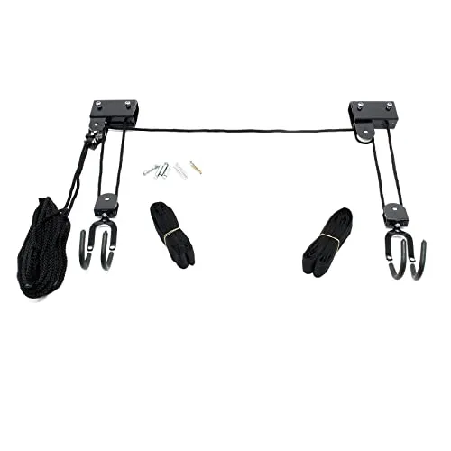 Wiltec Universal Deckenlift bis 45 kg Tragkraft, Fahrradlift mit Haken und Flaschenzug, Seilzugsystem als Halterung für Fahrräder, Kanus, Kajaks und mehr
