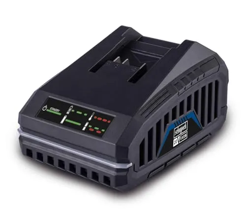Scheppach 20V Ladegerät SBC4.5A - Schnelladegerät mit 120W Leistung für die Scheppach IXES-Serie. Läd 2Ah Akkus in nur 35 Min auf und bietet eine integrierte Wandhalterung für platzsparende Aufbewahrung.