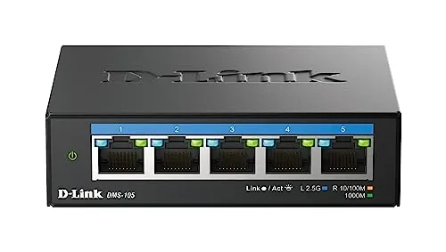 D-Link DMS-105 5-Port 2,5G Multi-Gigabit Unmanaged Desktop Switch mit fünf 2,5-Gigabit-Ports, lüfterlos, flaches Profil, kompakt, Metallgehäuse, QoS, Plug and Play