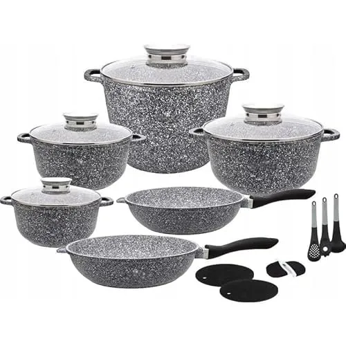 KlönBerg 17-teiliges Topfset | mit marmorierter Beschichtung | Kochtopf | mit Deckel | Antihaftbeschichtung | Induktion | ideal als Geschenk | KB4065 (GRAU)