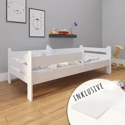 Kinderbett 80x160 mit Matratze und Rausfallschutz – Weiß - Komplett-Set mit einem stabilen Kinderbett, einer punktelastischen Matratze und einem beidseitig anbringbaren Rausfallschutz. Ideal für Sicherheit und Komfort während der Nacht.