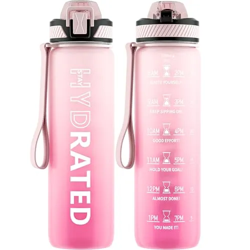 QLUR Trinkflasche, 1L/750ML BPA-Frei Tritan Wasserflasche mit Strohhalm, Trinkflasche Sport Auslaufsicher mit Zeitmarkierung und Bürste, Sportflasche für Fitness, Schule, Yoga, Outdoor(1 Flasche)