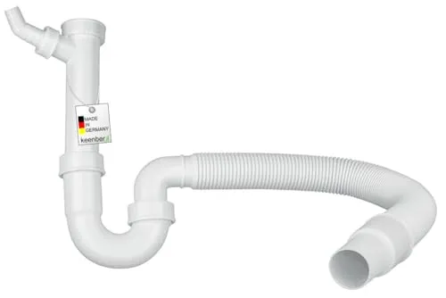 Keenberk - Siphon für Küchenspüle mit Flexiblem Ablaufschlauch - Flexibler Siphon mit Geräteanschluss - Röhrensiphon mit Geräteanschluss - 100% Wasserdicht - Made in Germany