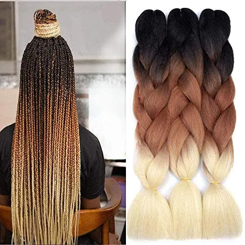 FanYu 3 Packs 24'' Synthetische Flechthaare für Frauen Ombre Jumbo Braids Haarverlängerungen für Häkelzöpfe (Schwarz-Braun-Blond)