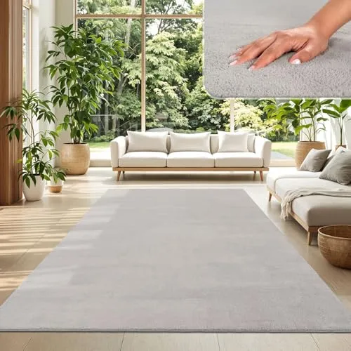 TT Home Wohnzimmer Teppich Kurzflor Anti-Rutsch Rückseite Unifarben Modern Waschbar, Farbe: Silber, Größe:200x280 cm