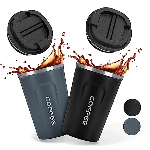 TELANKS 2 Stück Kaffeebecher To Go Thermo 380 ml, Thermobecher | Auslaufsicherer Deckel, Doppelwandige Isolierung, für kaffee to go, Reisen und Pendeln, Passend für Auto-Getränkehalter