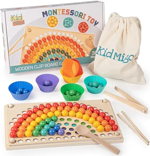 KidMigo Montessori Spielzeug, Rainbow Bead Game, Holz Clip Brettspiel, Puzzle Board, Kinder Hände Augen Gehirn Training, Ab 3 Jahr, Vorschule Geschenk für 3 4 5 6 Jahre