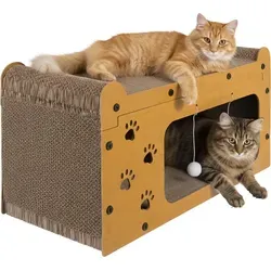 Purlov 3-in-1 Katzen Kratzhaus mit Liegeplatz & Spielbällen - Katzenmöbel 3-in-1: Rückzugsort, Spielzone und Kratzfläche. Stabiler HDF-Korpus, rutschfest, mit 2 Spielbällen für aktive Katzen. Ideal für 1-2 Katzen und schont Möbel.