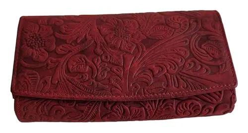 Einkaufszauber Echt Leder Damen Geldbeutel Floral Luxus mit edler Blumen-Prägung im Leder